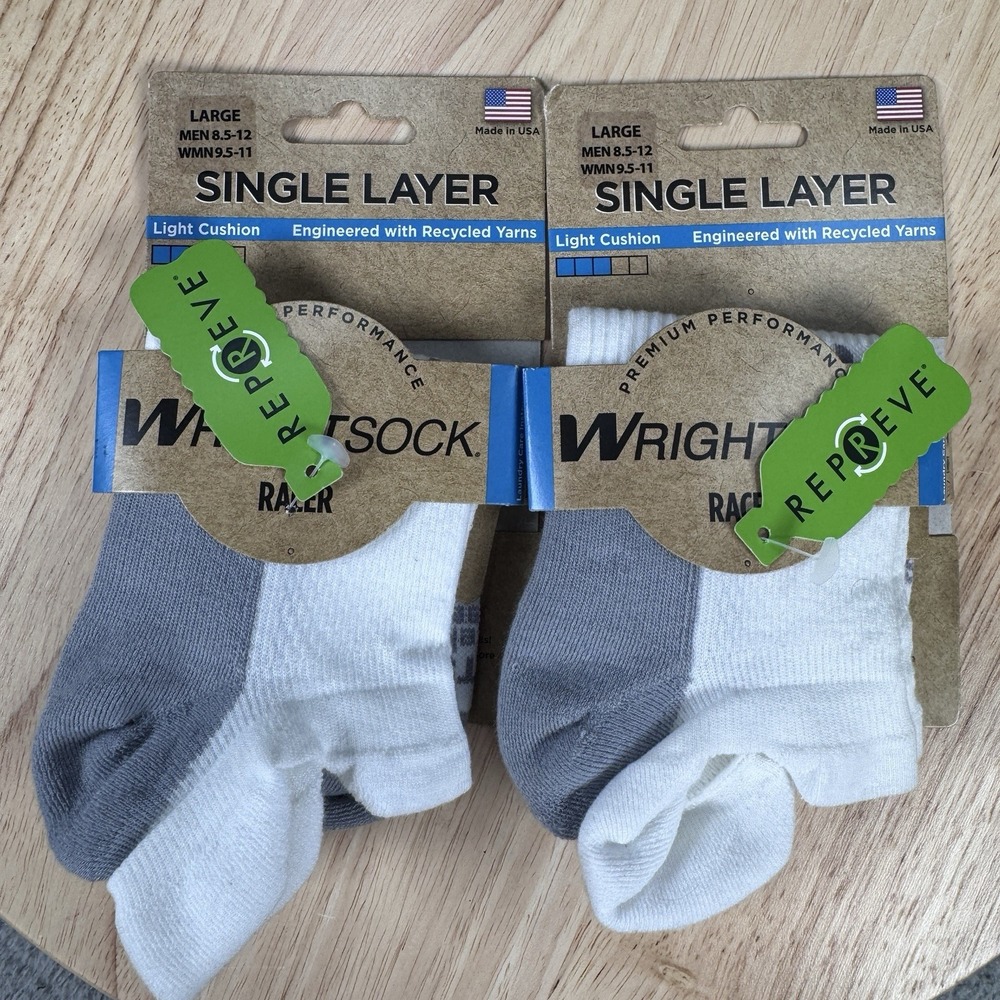 Wrightsock Racer Large M 8.5-12 W 9.5-11 White Grey Single Layer Cushion 2 Pack